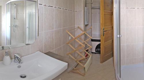 RecskTarjányi Vendégház的浴室配有盥洗盆和带镜子的淋浴