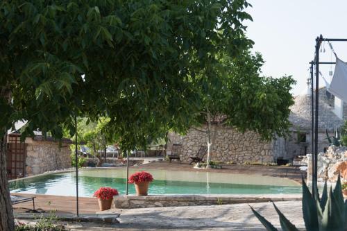 诺奇Dimora Casanoja的一座拥有两株盆栽植物和喷泉的游泳池