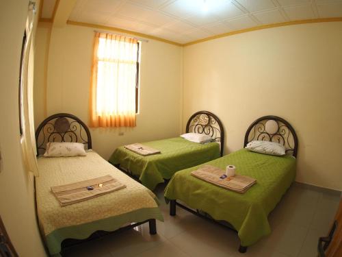 图皮萨Hostal Butch Cassidy的客房设有两张带绿床单的床和窗户。