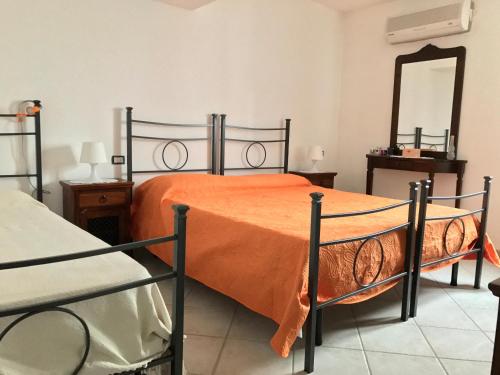 奥列纳Affittacamere Peonia的一间卧室配有一张带橙色棉被和镜子的床