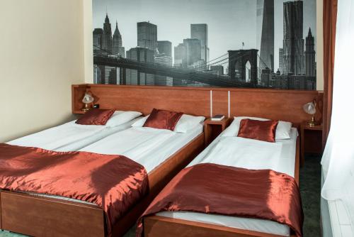 尼赖吉哈佐艾斯艾特莱欧罗巴酒店 的一张床铺,位于酒店客房,享有城市景观