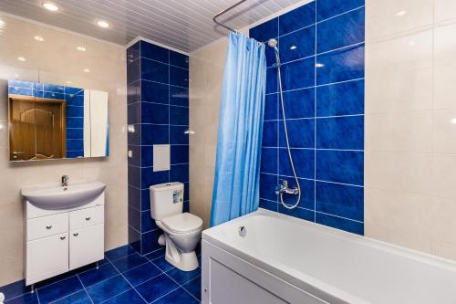 秋明Apartments in Novin Kvartal的蓝色瓷砖浴室设有卫生间和水槽