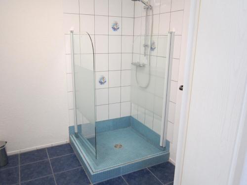 鲁斯特Ferienwohnung Fam.Zimmer的浴室里设有玻璃门淋浴