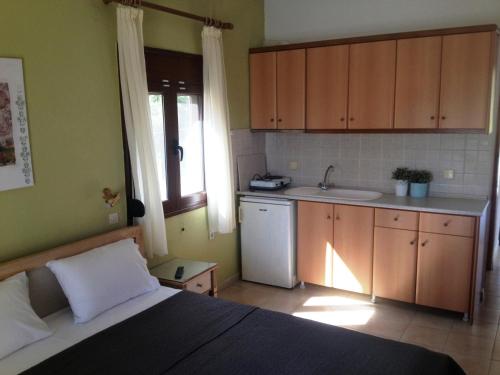 波利克罗诺Villa Maria的一间卧室配有一张床,厨房配有水槽