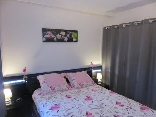 勒阿弗尔Gîte du Vieux Marché的一间卧室配有带粉色床单和粉红色枕头的床。
