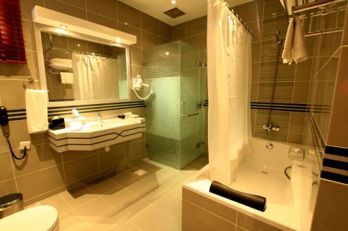 索哈尔索哈尔海滩酒店的一间带水槽、淋浴和卫生间的浴室