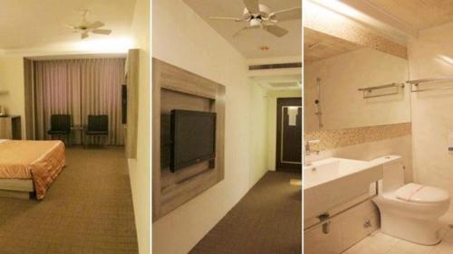 头份市泰莉莎旅店的两张图片的酒店客房 - 带一张床和一间浴室