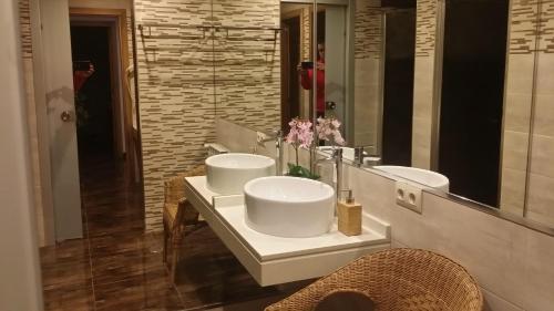 阿尔苏阿Albergue Ultreia的一间带两个盥洗盆和大镜子的浴室