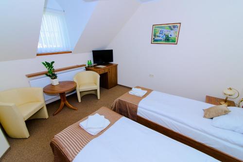 格涅兹诺诺克勒吉索班斯基齐旅馆的酒店客房配有两张床和一张书桌