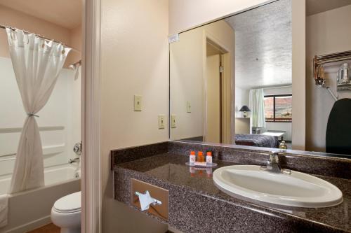 托里努尔酒店的一间带水槽、卫生间和镜子的浴室