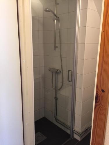 NämdöIdöborgs Stuguthyrning的带淋浴的浴室,带玻璃门
