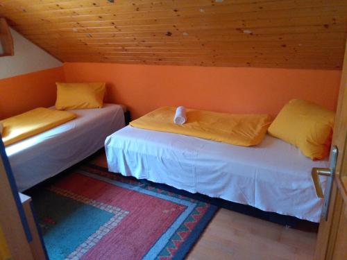 鲍洛托奈代里奇Margó Nyaraló的橙色墙壁客房的两张床