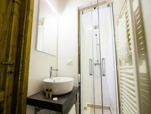 加拉蒂纳Palazzo Cavoti的一间带水槽和玻璃淋浴的浴室
