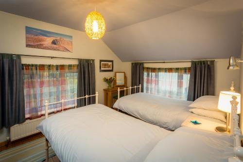 Pontardawe1 Tan Yr Eglwys Barn Cottage的一间卧室配有两张床和吊灯。