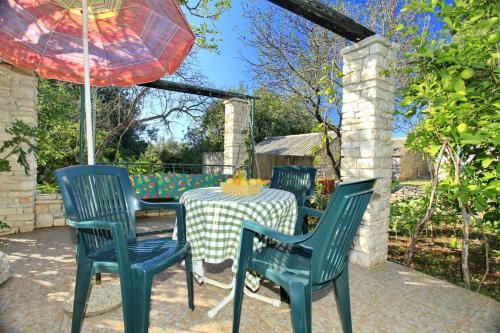 尼亚卢卡Stone House Oreb`s Cottage的桌椅、桌子和雨伞