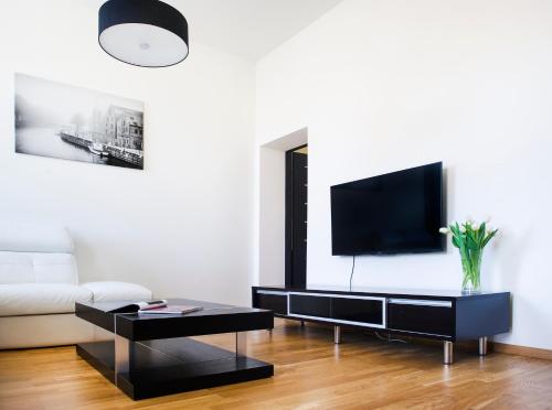 克莱佩达Red Brick Apartments的客厅配有沙发和墙上的电视