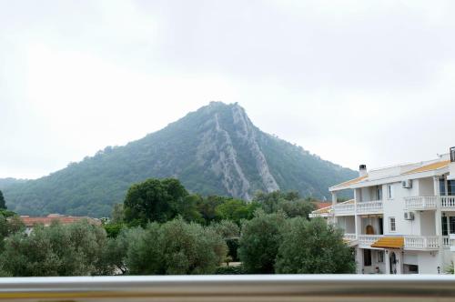 佩特罗瓦纳莫鲁Apart Hotel Forte Roses Montenegro KO Buljarica的远处的山,有建筑和树木