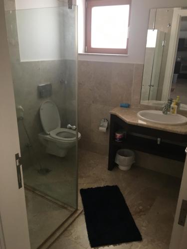 希法Apartment in Jebel Sifah的浴室配有卫生间、盥洗盆和淋浴。