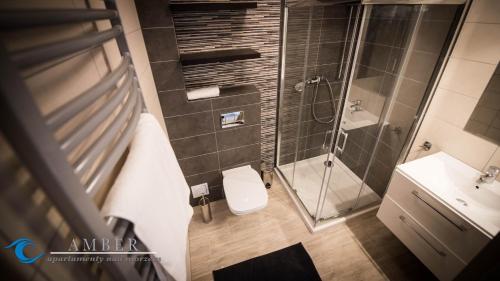 达洛科Amber Apartamenty的浴室配有卫生间、淋浴和盥洗盆。