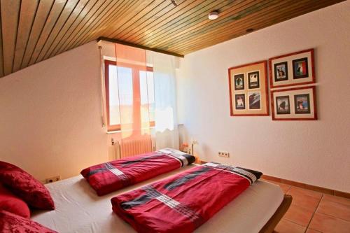 于伯林根Ferienwohnung mit Seeblick und Dachterrasse in Überlingen的一间卧室配有两张带红色枕头的床
