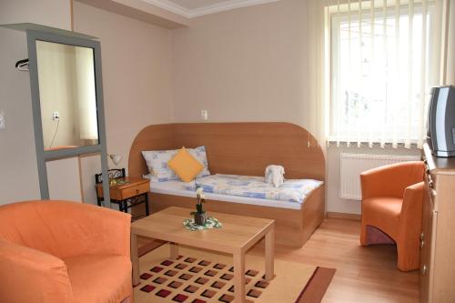 汉德洛瓦Hotel Baník Handlová的小房间设有一张床和一张桌子