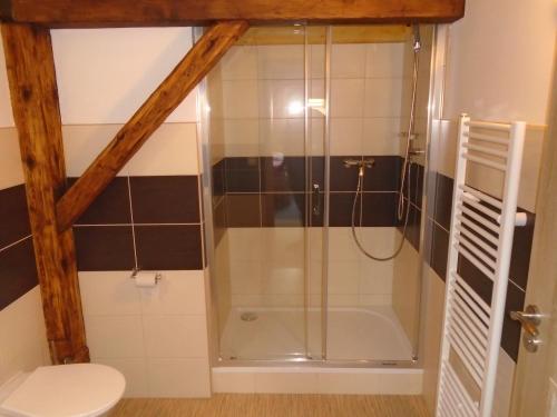 顺佩尔克皮特卡宾馆的浴室里设有玻璃门淋浴