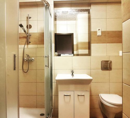 安德雷胡夫兹洛卡丽贝卡酒店的带淋浴、盥洗盆和卫生间的浴室