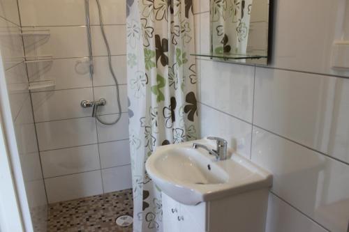 NurmeNurmeveski Holiday House的一间带水槽、镜子和淋浴的浴室