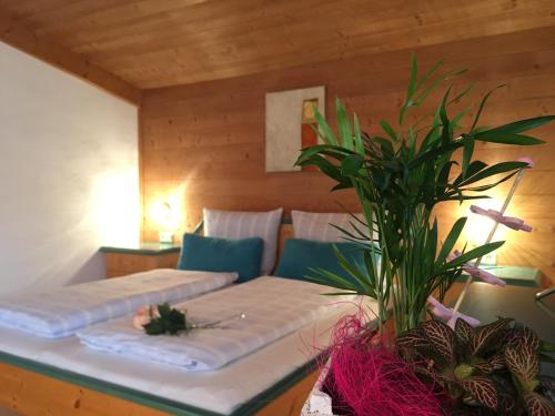 萨尔巴赫塔克萨公寓的一间酒店客房,配有床和盆栽植物