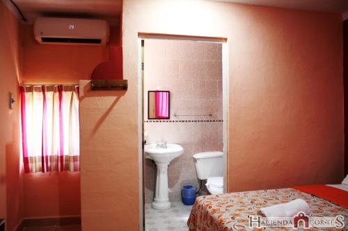 梅里达Hotel Hacienda Cortes的一间带床、水槽和卫生间的浴室