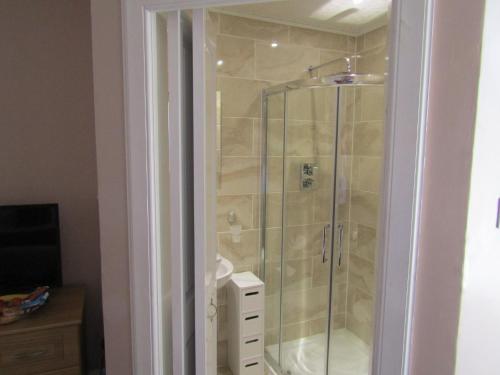 奥本Adelphi Villa的浴室里设有玻璃门淋浴