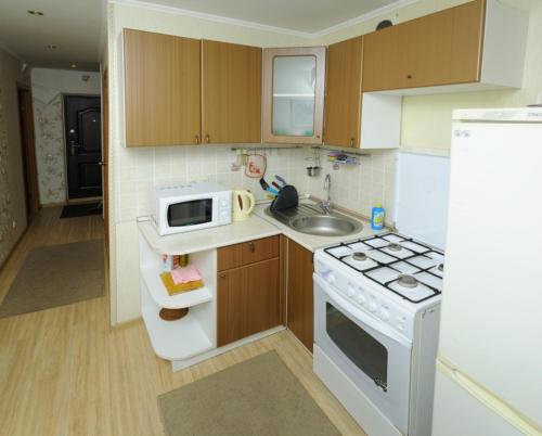 鄂木斯克Omsk Sutki Apartments on Irtyshskaya Naberezhnaya 12的厨房配有白色炉灶和微波炉