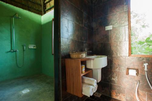 Kwangwazi塞卢斯金甲山林小屋的一间带水槽和淋浴的浴室