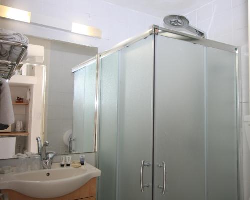 Neve Shalom尼夫沙洛姆酒店的一间带玻璃淋浴和水槽的浴室