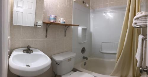希塞德高地日落汽车旅馆的浴室配有卫生间、盥洗盆和淋浴。