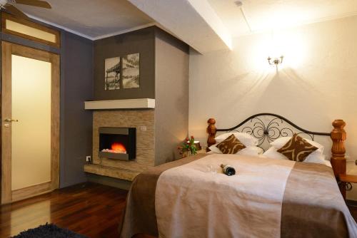 派尔努海萨灵酒店的一间卧室配有一张床和一个壁炉