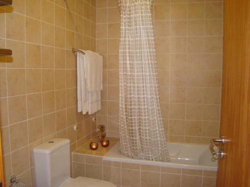 RoutarCasa de Campo Patio do Avo的带淋浴帘和卫生间的浴室