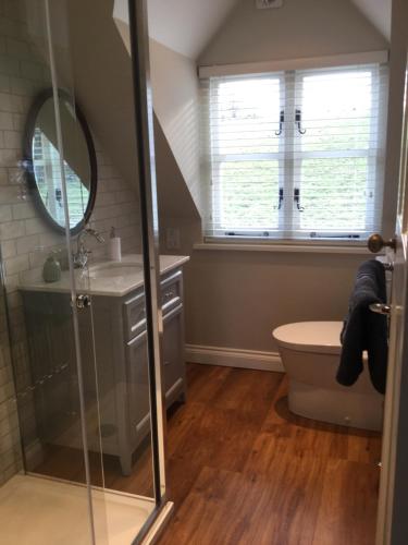 海华德希思Field Cottage B&B的带淋浴和卫生间的浴室以及窗户。