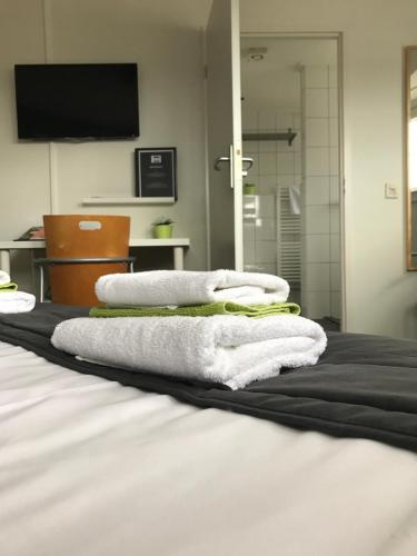 奥尔登扎尔Stadshotel Ter Stege的床上的一大堆毛巾