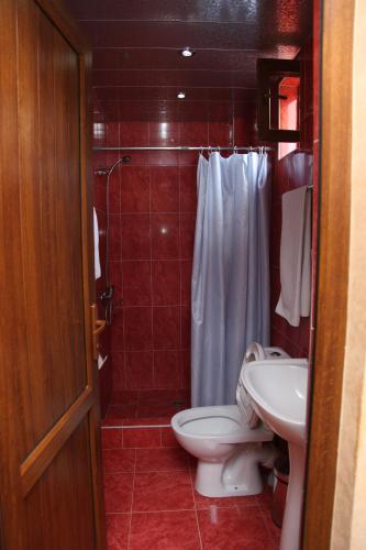SamtrediaHotel Obola的浴室配有卫生间、盥洗盆和淋浴。