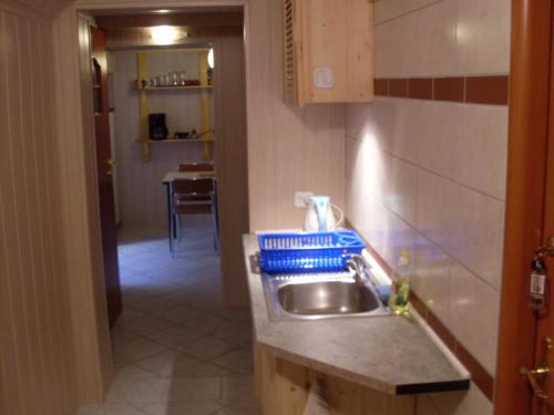 托伦Apartament na Wrzosach的一个带水槽和走廊的小厨房