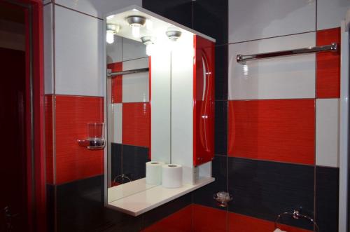 肯佩尼Hotel Yax的浴室设有镜子和红黑色瓷砖