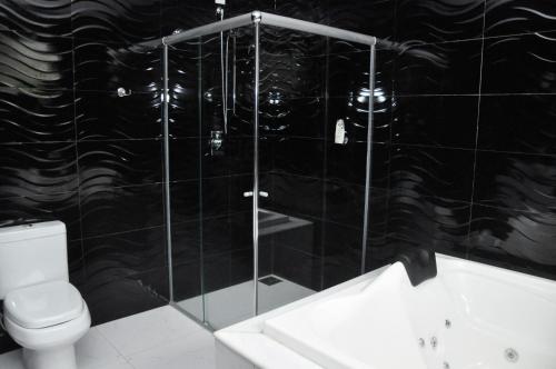 卡塔斯阿塔斯Rez Home Catas Altas的一间带卫生间和玻璃淋浴间的浴室