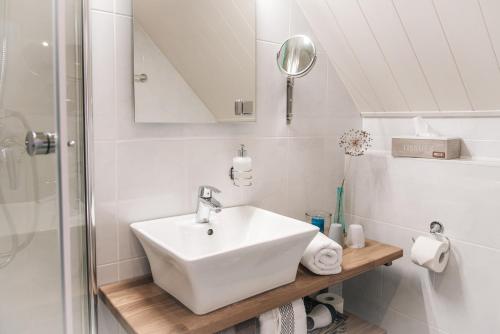 施坦胡德Haus Ottenlock的白色的浴室设有水槽和淋浴。