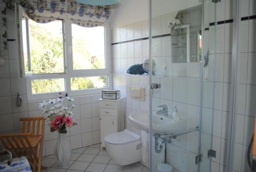 奥斯赛拜-屈隆斯博恩Fewo Schwalbennest am Meer-exklusiv-eigener Strandzugang的白色的浴室设有卫生间和水槽。