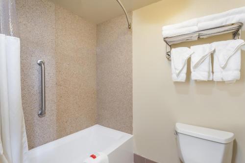 赫尔希赫尔希戴斯酒店的浴室设有卫生间和带毛巾的淋浴。