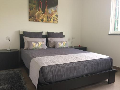奥尔塔Vale dos Cocos的一间卧室配有一张大床,提供紫色床单和枕头