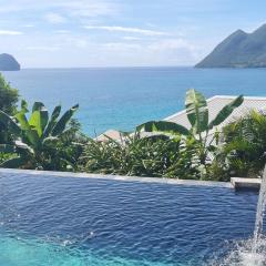 studio cosi, jardin privé, vue magique depuis piscine à débordement de la résidence