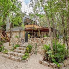 Cheerful cabin with pool surrounded by nature