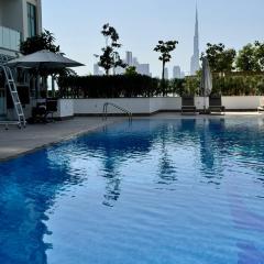 Burj Khalifa view modern 1BHK with balcony